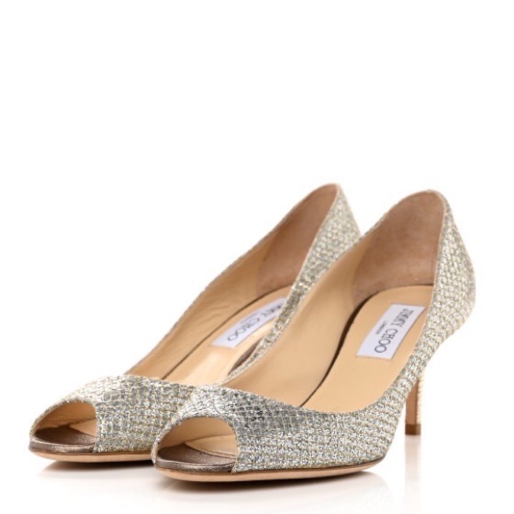 JIMMY CHOO Evelyn Peep Toe 65 size 8.5-9US in Champagne Fabric w/leather insole